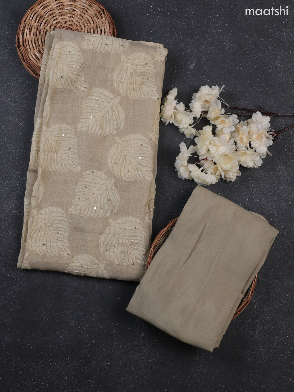 Beige Tissue Linen Dress Material With Allover Floral Prints & Kantha Stitch Work Pattern