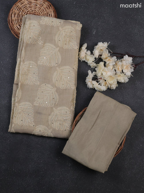 Beige Tissue Linen Dress Material With Allover Floral Prints & Kantha Stitch Work Pattern
