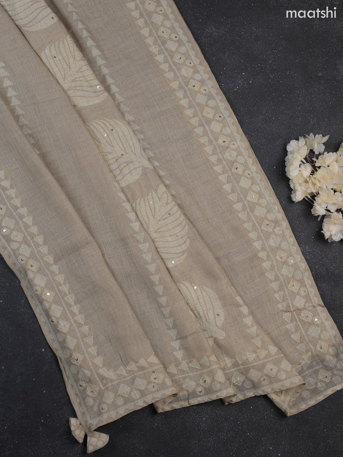 Beige Tissue Linen Dress Material With Allover Floral Prints & Kantha Stitch Work Pattern