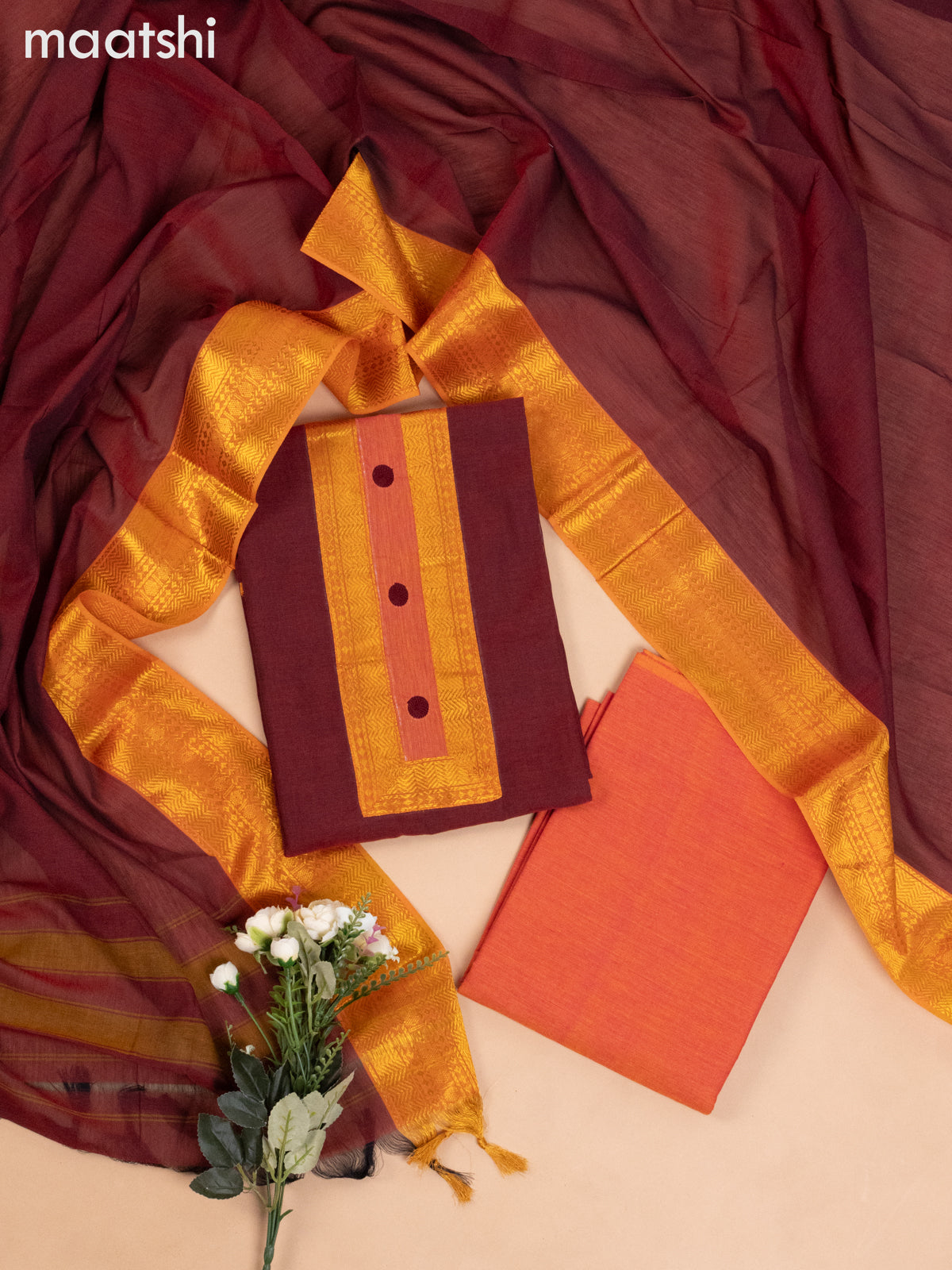 Narayanpet cotton dress material maroon with plain body & zari work neck pattern and bottom & dupatta