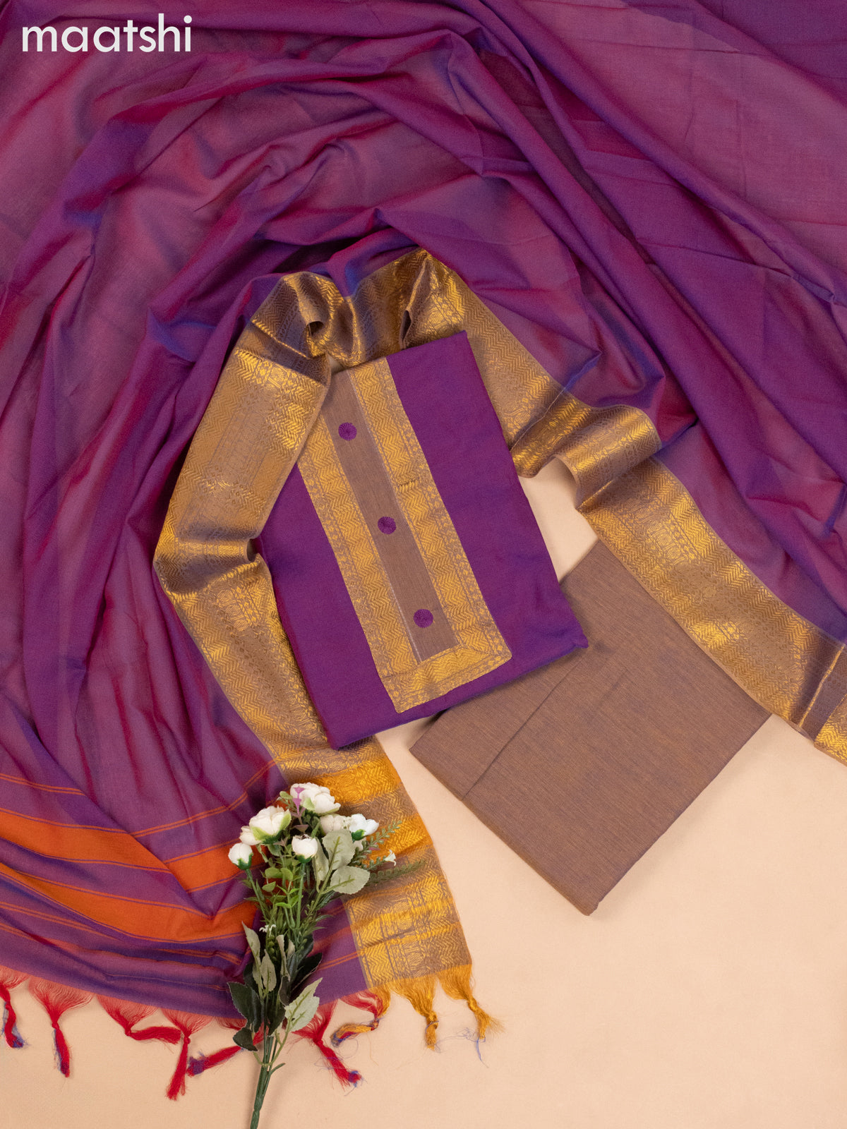 Narayanpet cotton dress material dual shade of purple with plain body & zari work neck pattern and bottom & dupatta