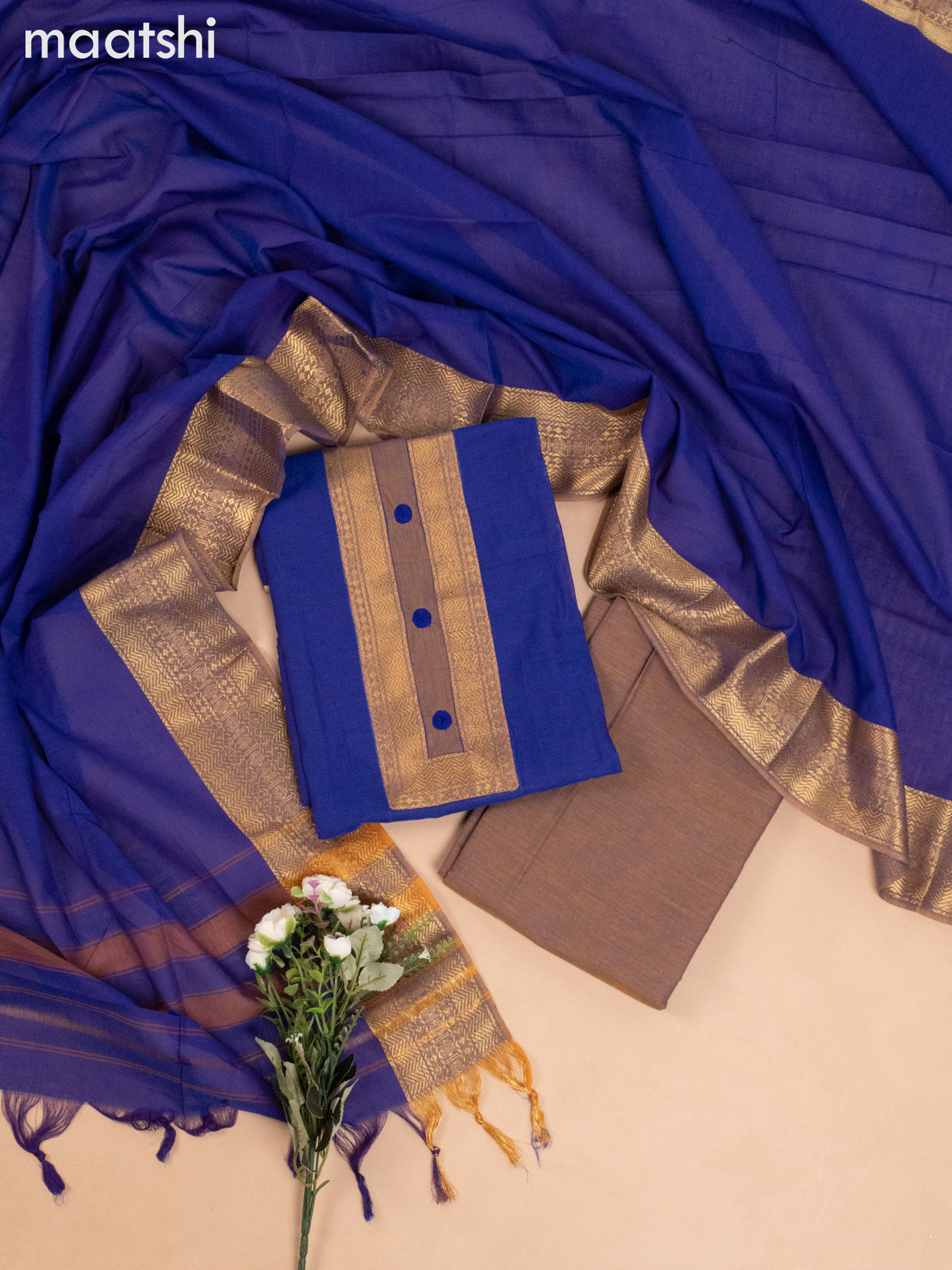 Narayanpet cotton dress material blue with plain body & zari work neck pattern and bottom & dupatta