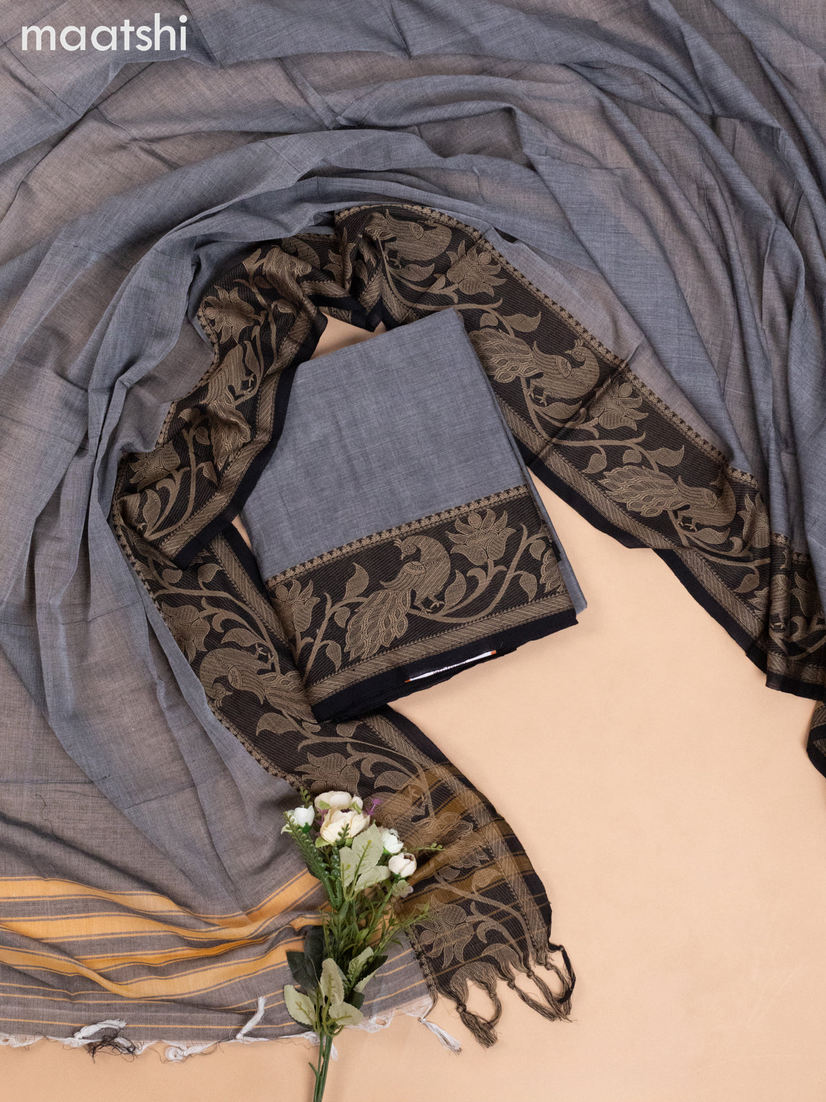 Narayanpet cotton dress material grey with plain body and woven border & without bottom