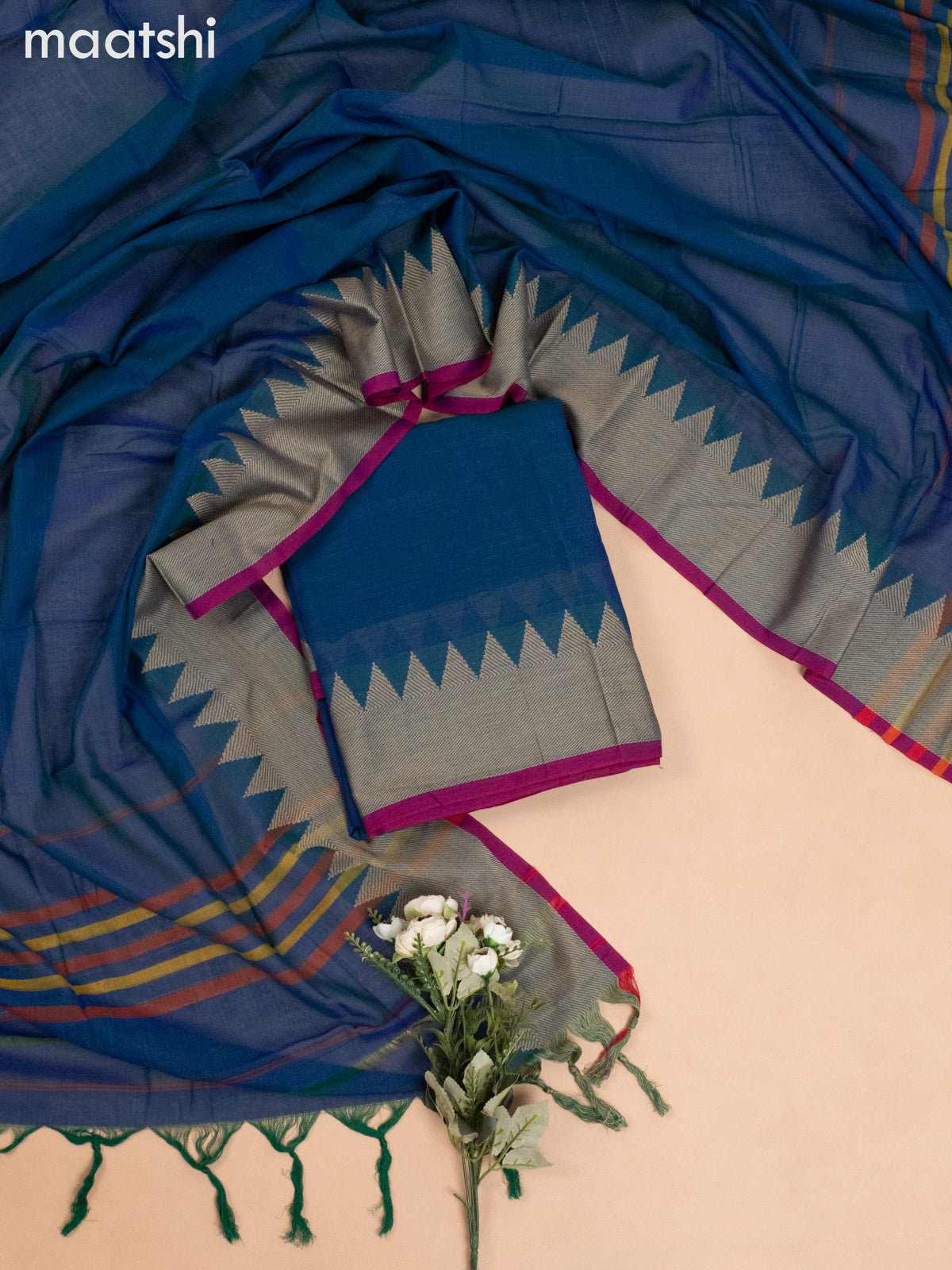 Narayanpet cotton dress material bluish green with plain body and woven border & without bottom
