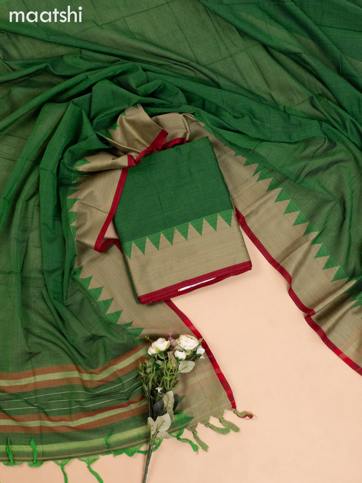 Narayanpet cotton dress material green shade with plain body and woven border & without bottom