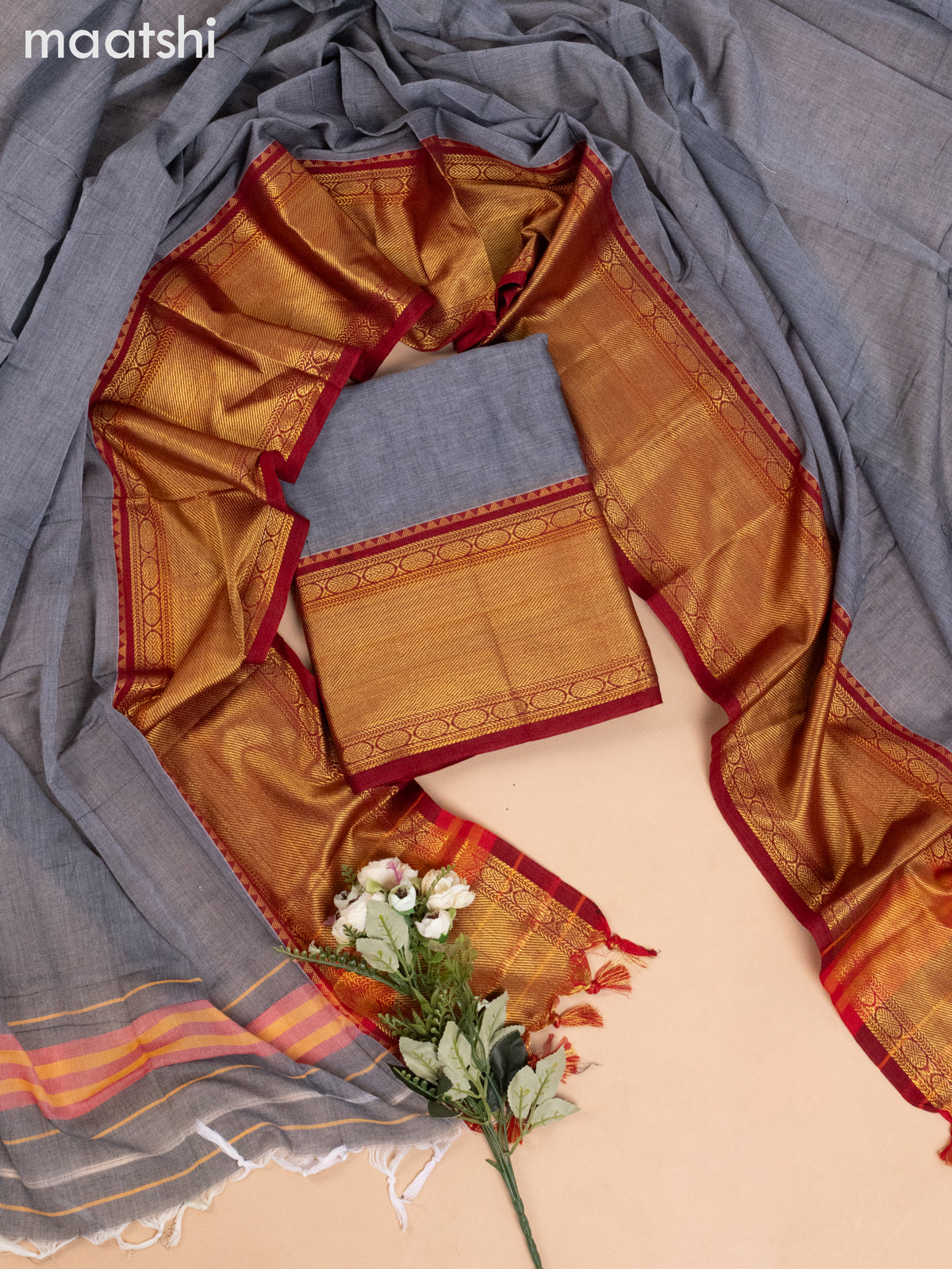 Narayanpet cotton dress material grey with plain body and long zari woven border & & without bottom
