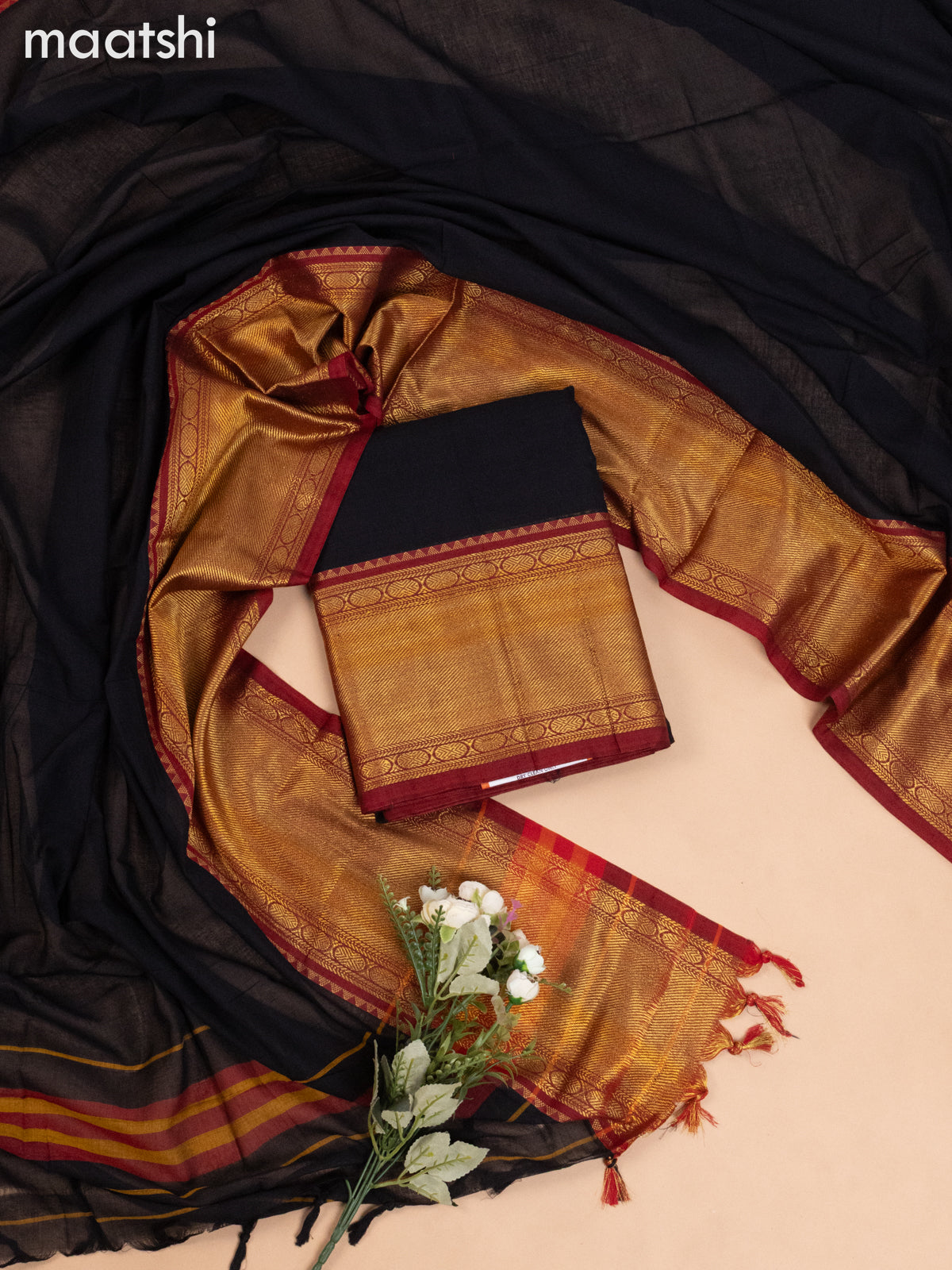 Narayanpet cotton dress material black with plain body and long zari woven border & & without bottom