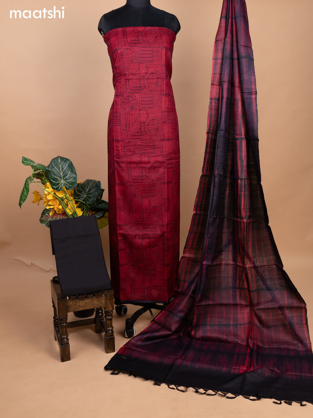 Red and Black Pure Tussar Dress Material With Allover Kantha Stitch Work