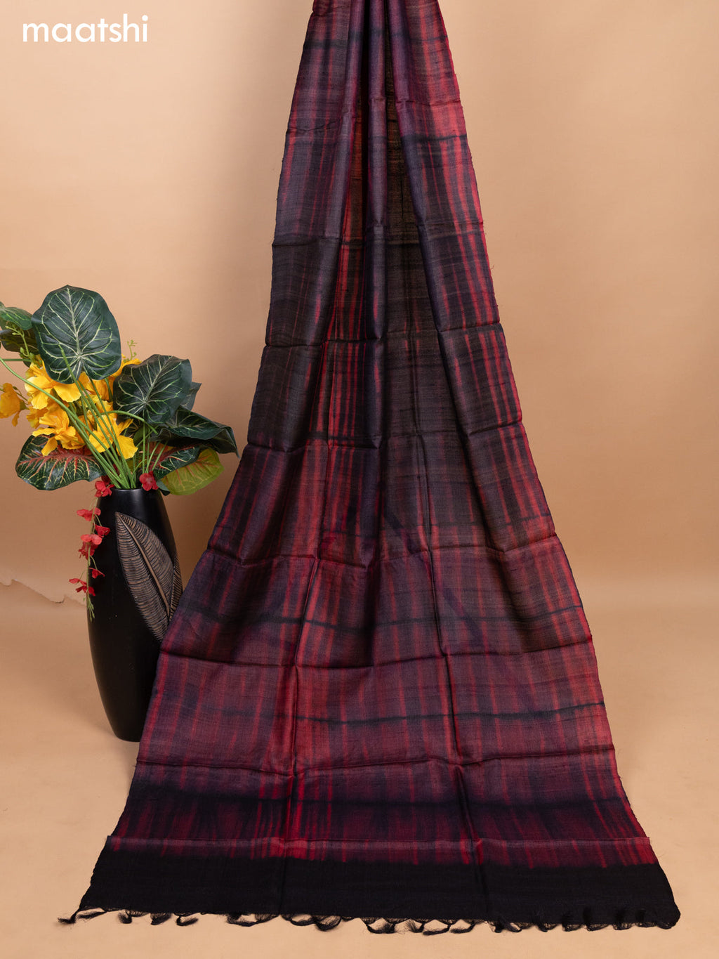 Red and Black Pure Tussar Dress Material With Allover Kantha Stitch Work