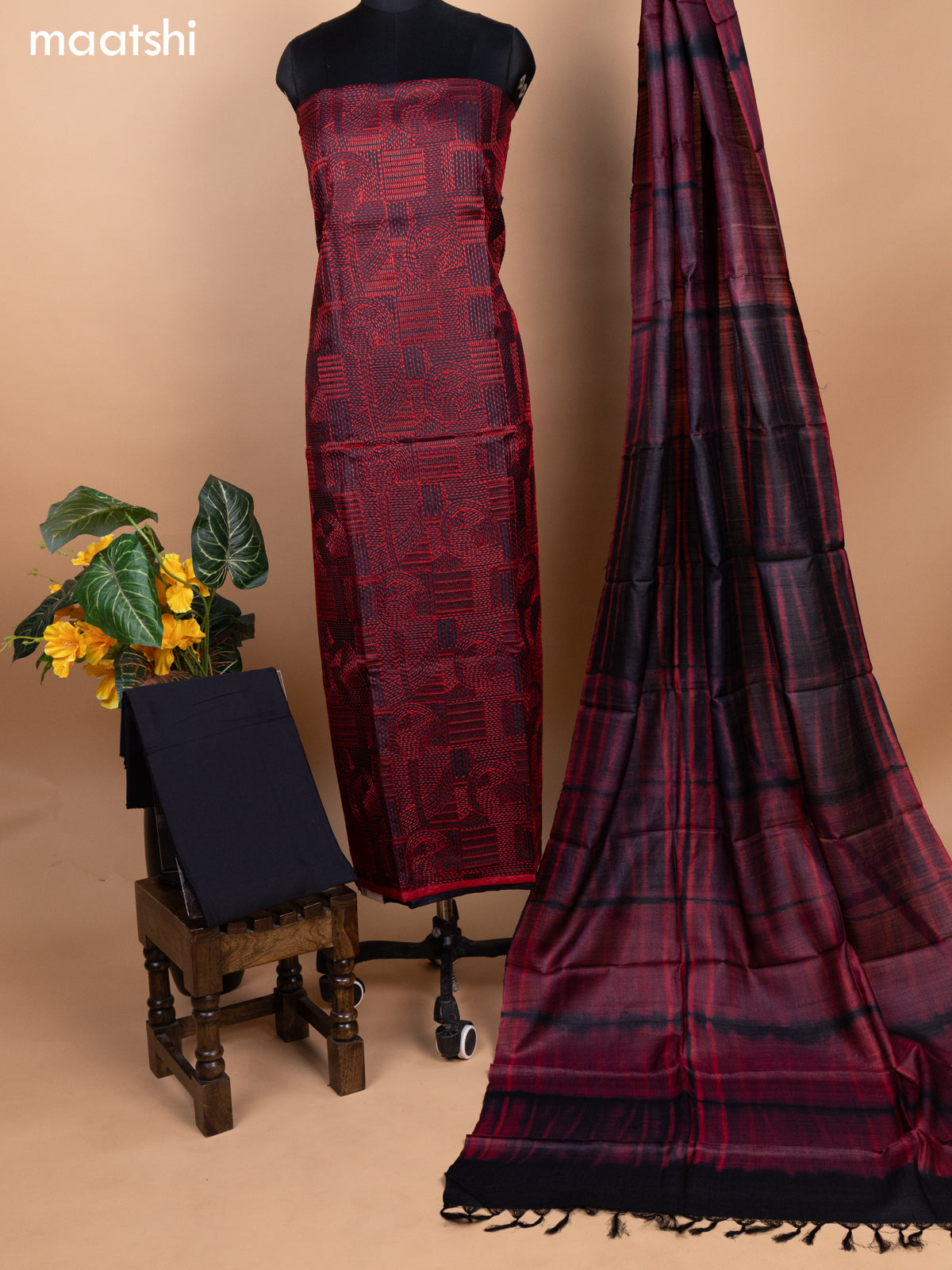 Black and Red Pure Tussar Dress Material With Allover Kantha Stitch Work