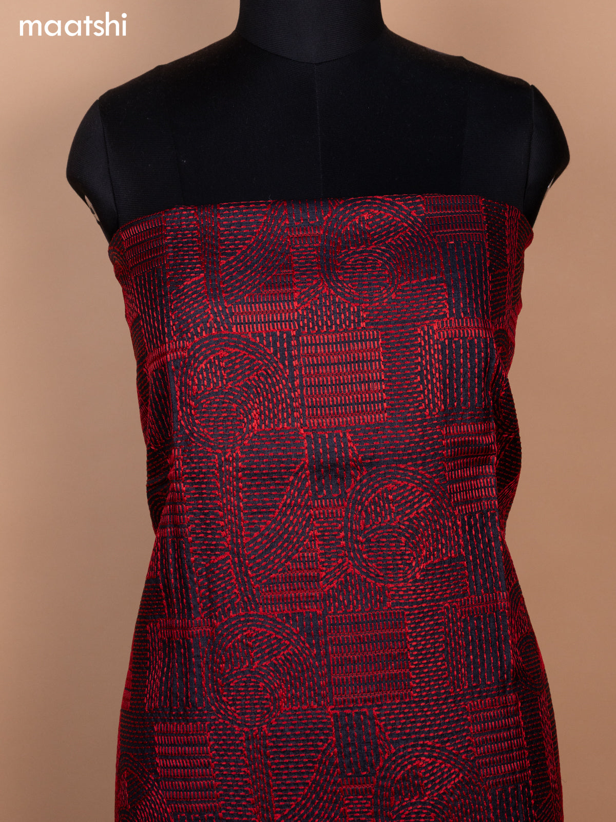 Black and Red Pure Tussar Dress Material With Allover Kantha Stitch Work