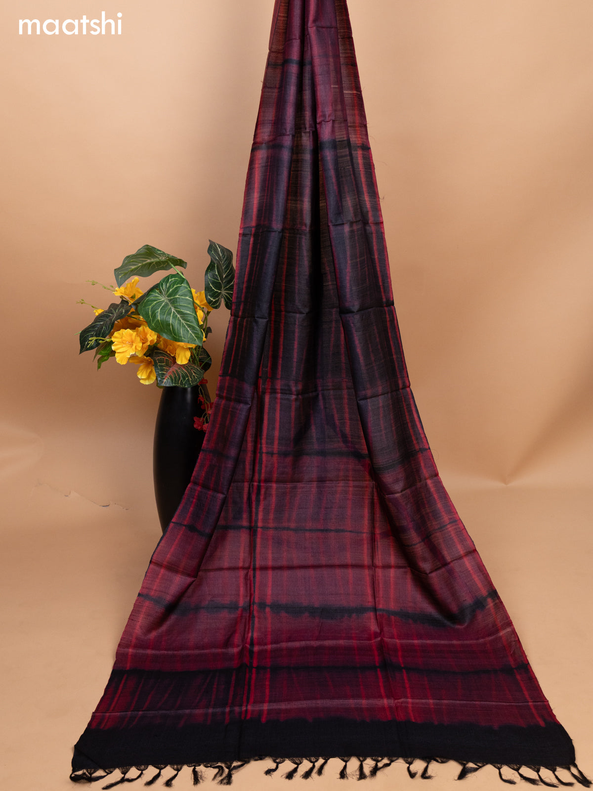 Black and Red Pure Tussar Dress Material With Allover Kantha Stitch Work