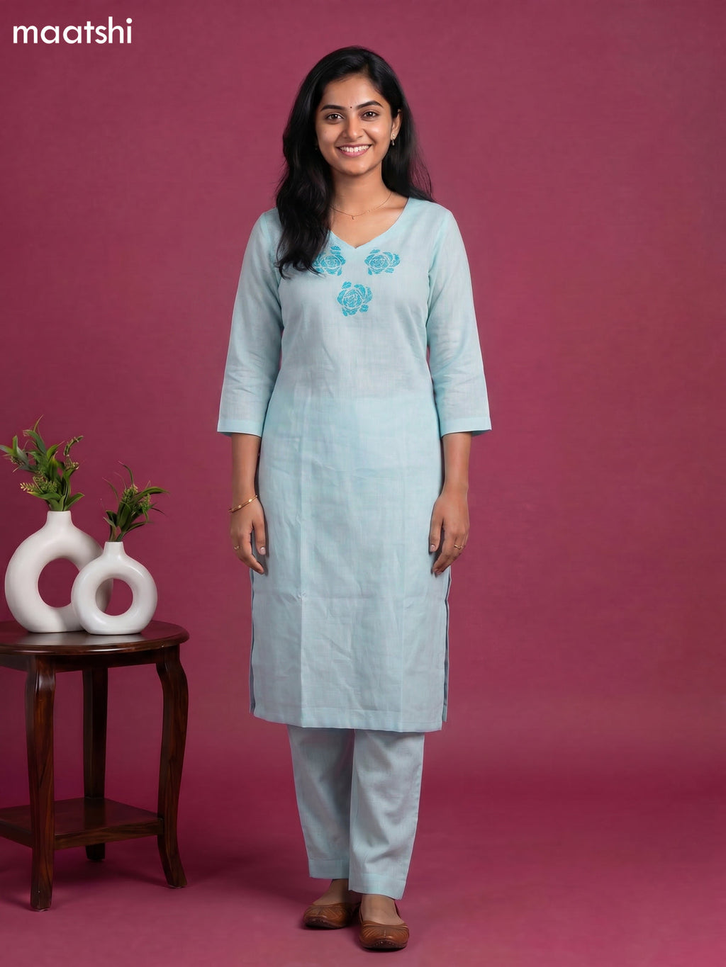 Light Blue Linen Cotton Floral Embroidery Work Kurti & Bottom Set
