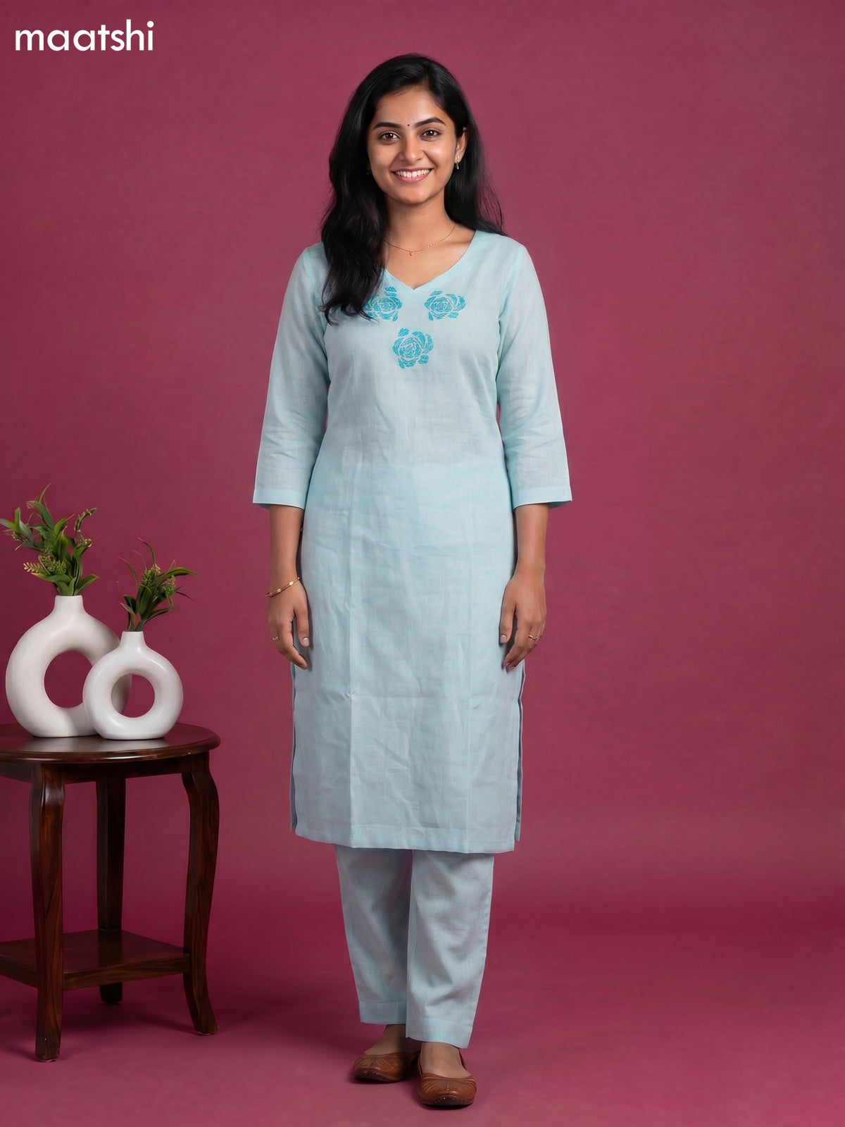 Light Blue Linen Cotton Floral Embroidery Work Kurti & Bottom Set