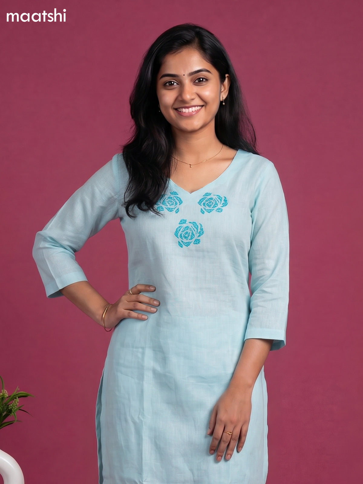 Light Blue Linen Cotton Floral Embroidery Work Kurti & Bottom Set