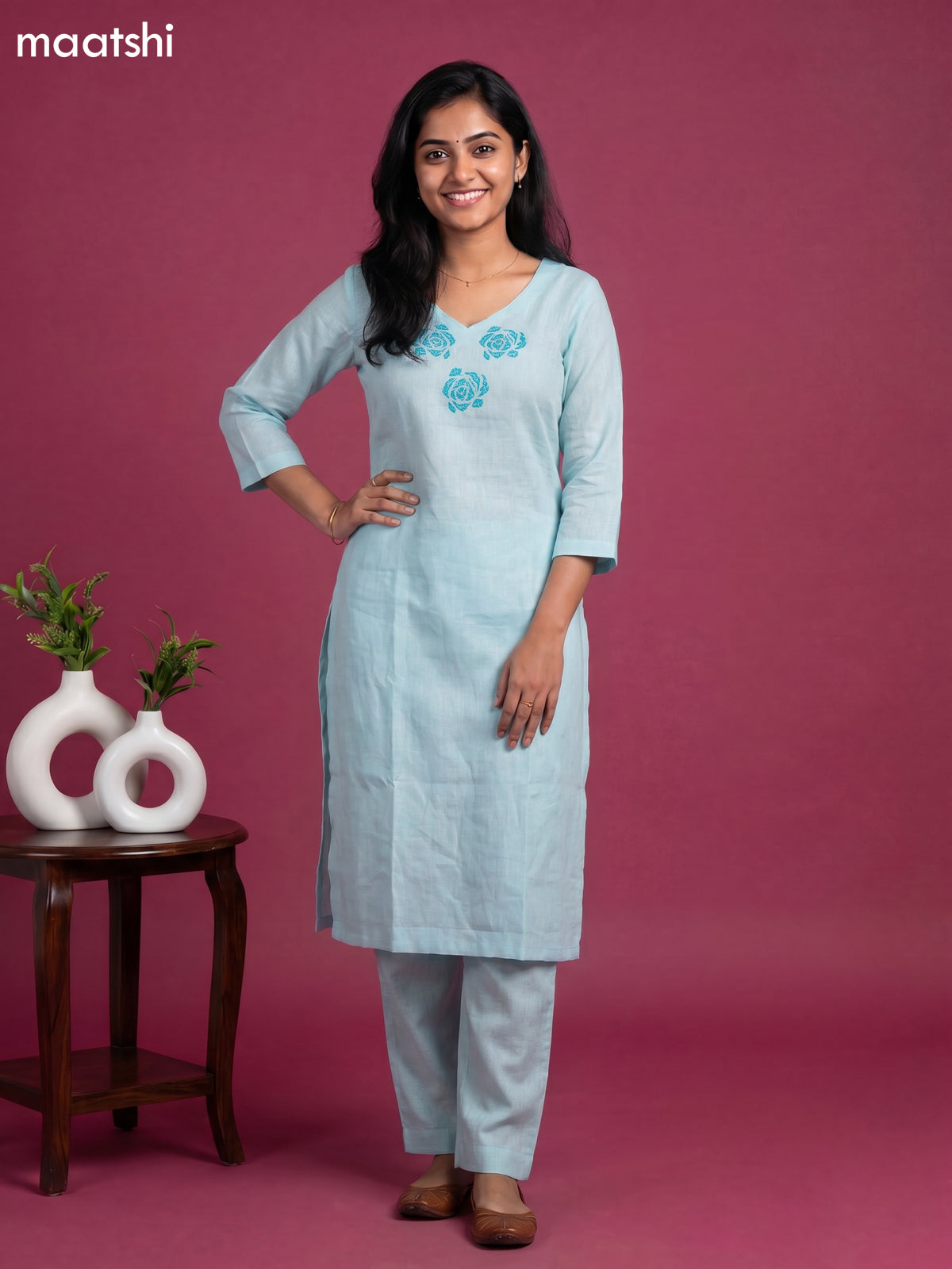 Light Blue Linen Cotton Floral Embroidery Work Kurti & Bottom Set