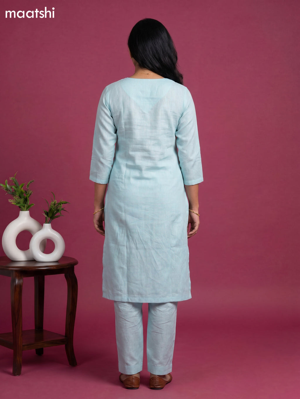 Light Blue Linen Cotton Floral Embroidery Work Kurti & Bottom Set