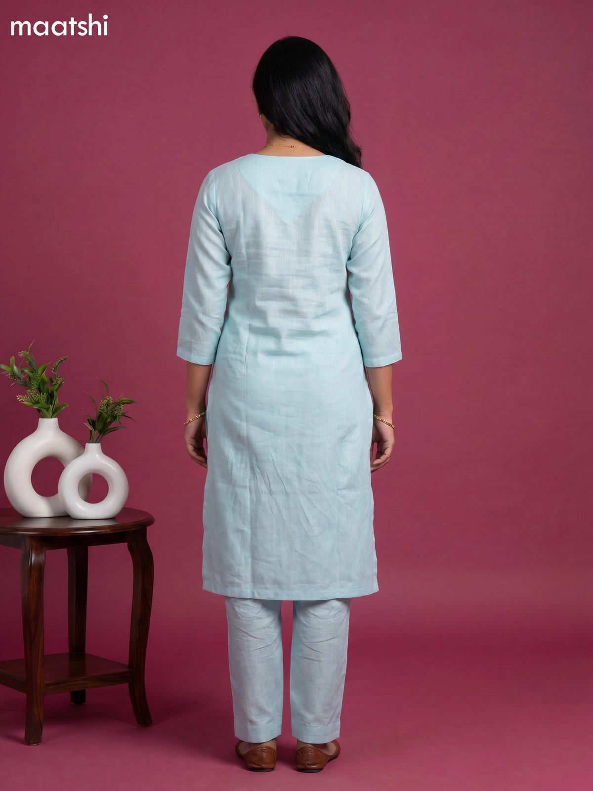 Light Blue Linen Cotton Floral Embroidery Work Kurti & Bottom Set