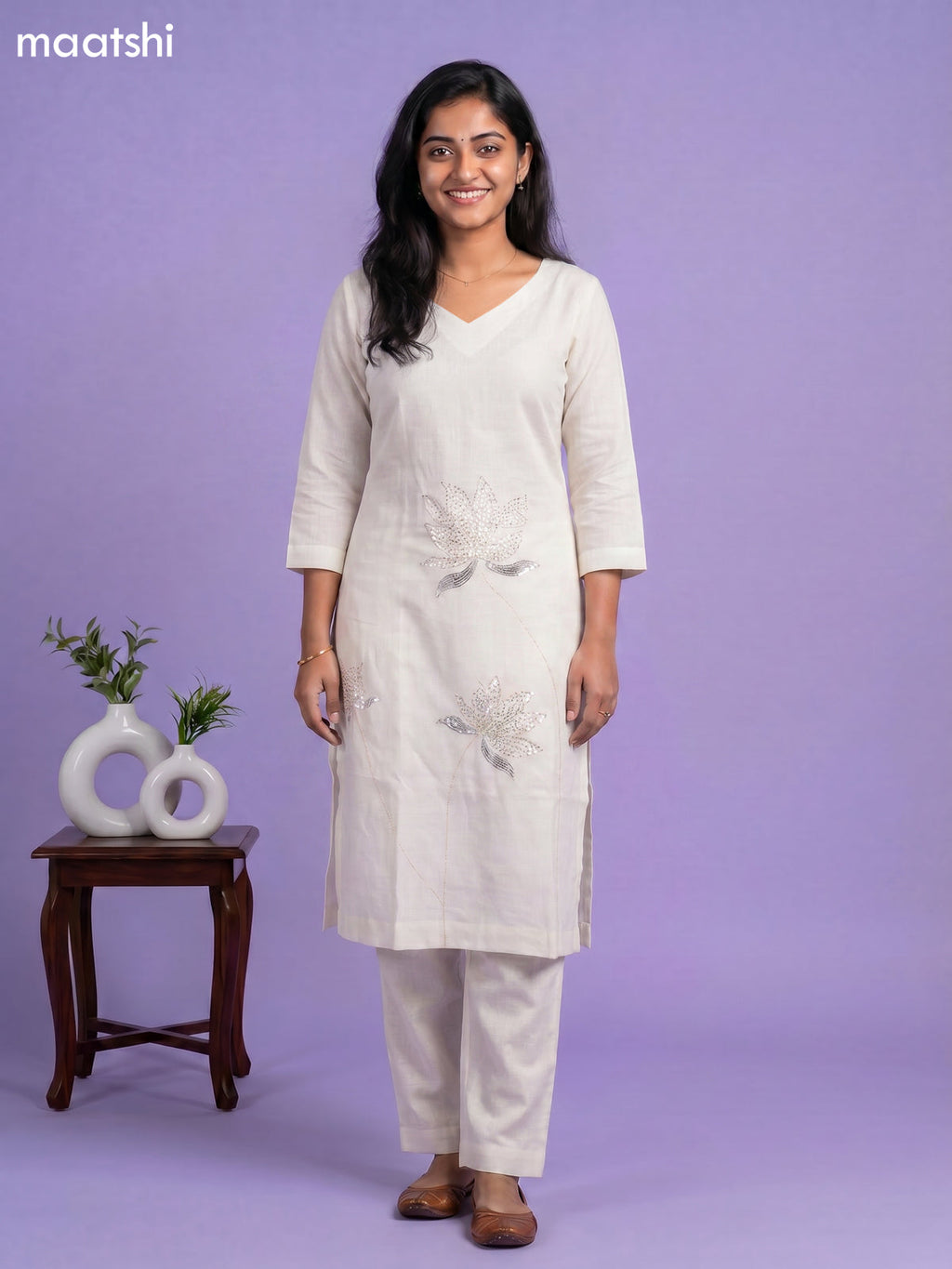 Off White Linen Cotton Floral Embroidery Work Kurti & Bottom Set