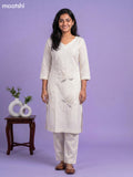 Off White Linen Cotton Floral Embroidery Work Kurti & Bottom Set