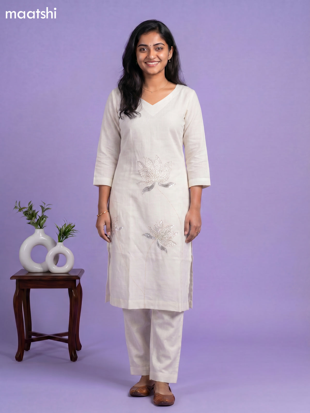 Off White Linen Cotton Floral Embroidery Work Kurti & Bottom Set