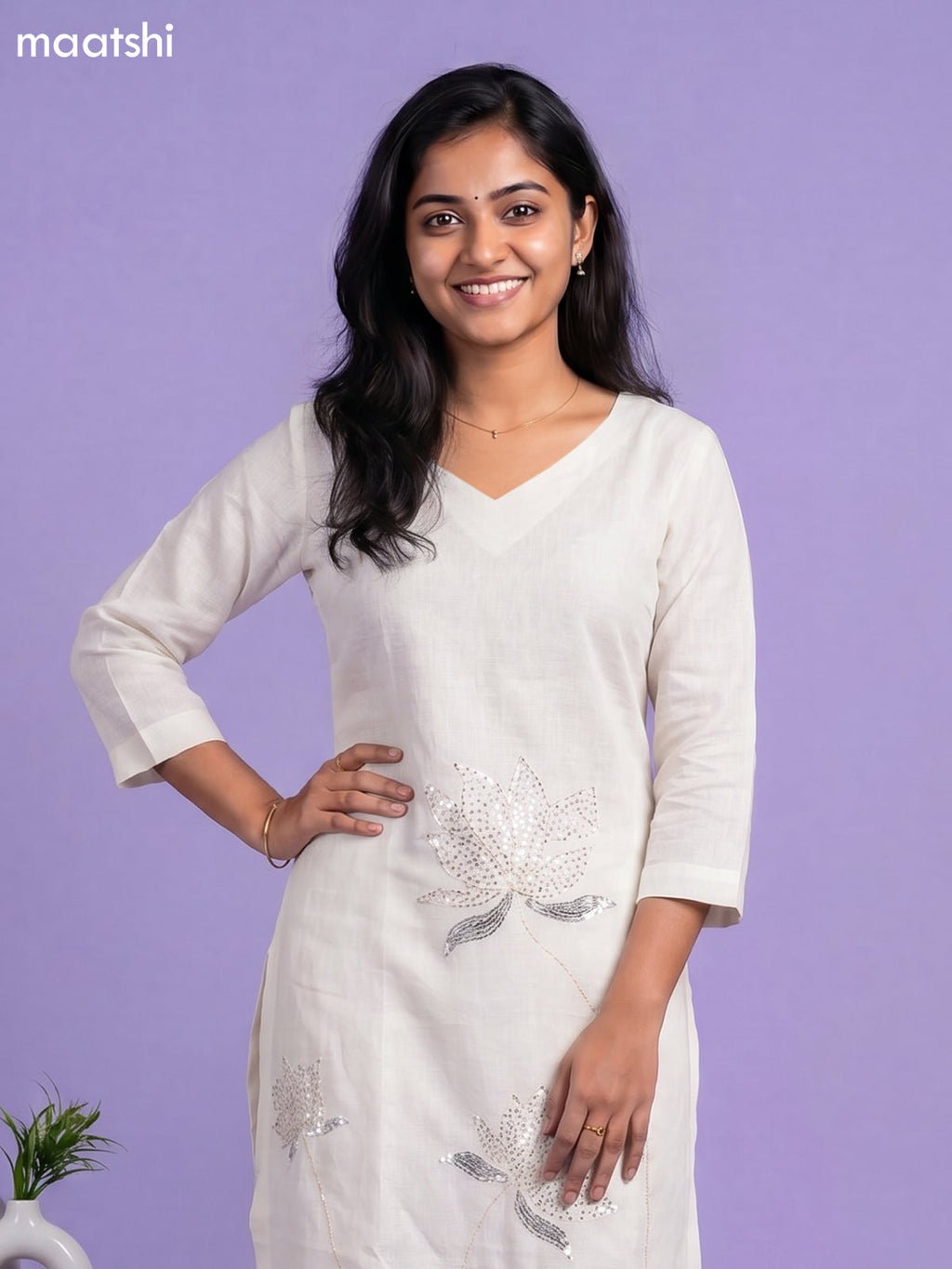 Off White Linen Cotton Floral Embroidery Work Kurti & Bottom Set