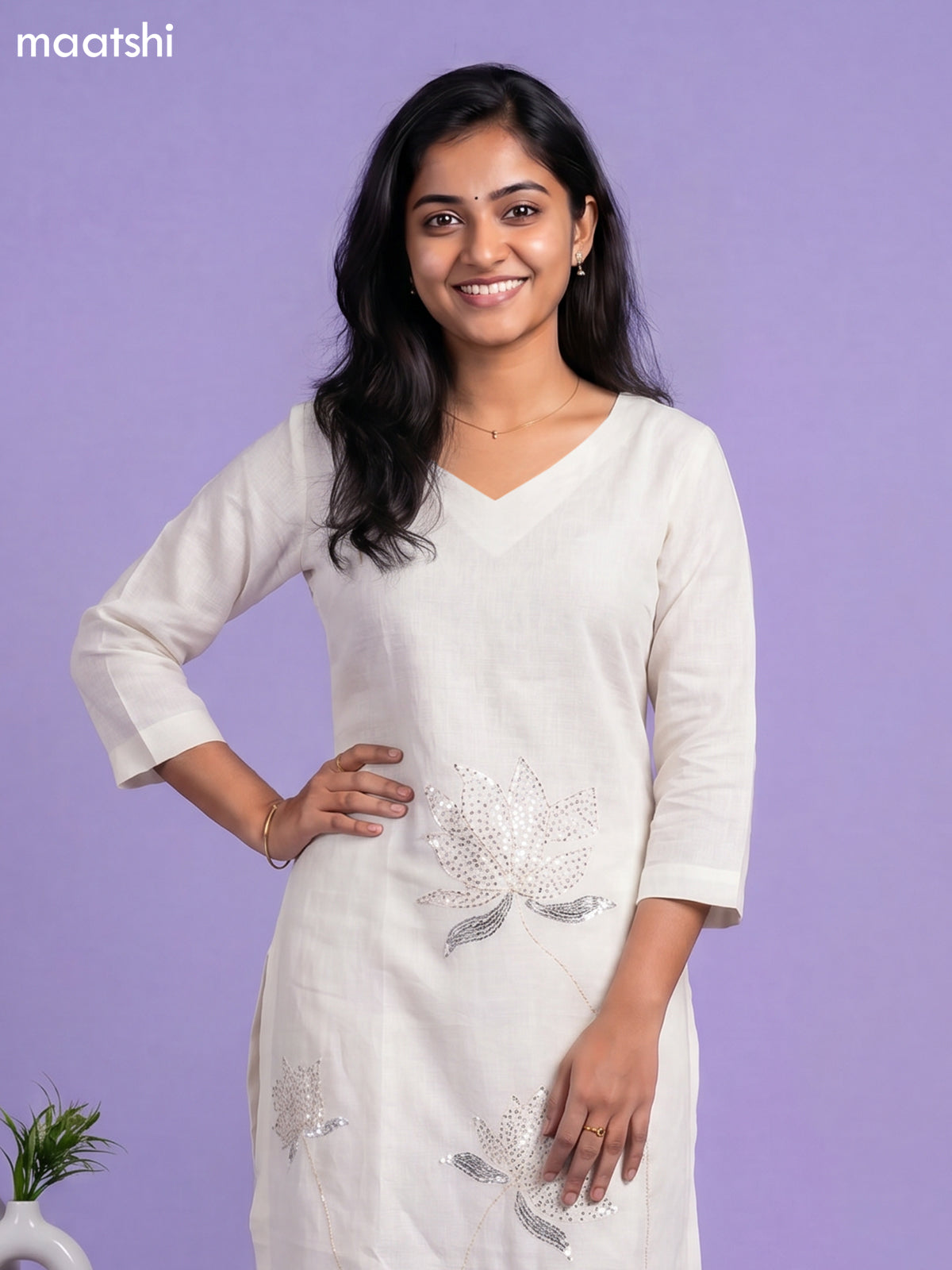 Off White Linen Cotton Floral Embroidery Work Kurti & Bottom Set