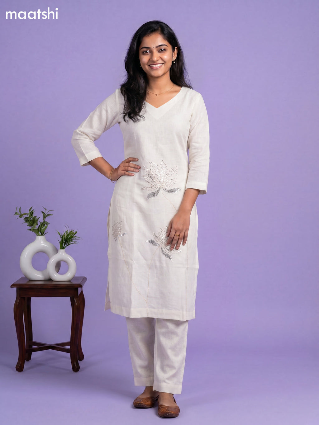 Off White Linen Cotton Floral Embroidery Work Kurti & Bottom Set