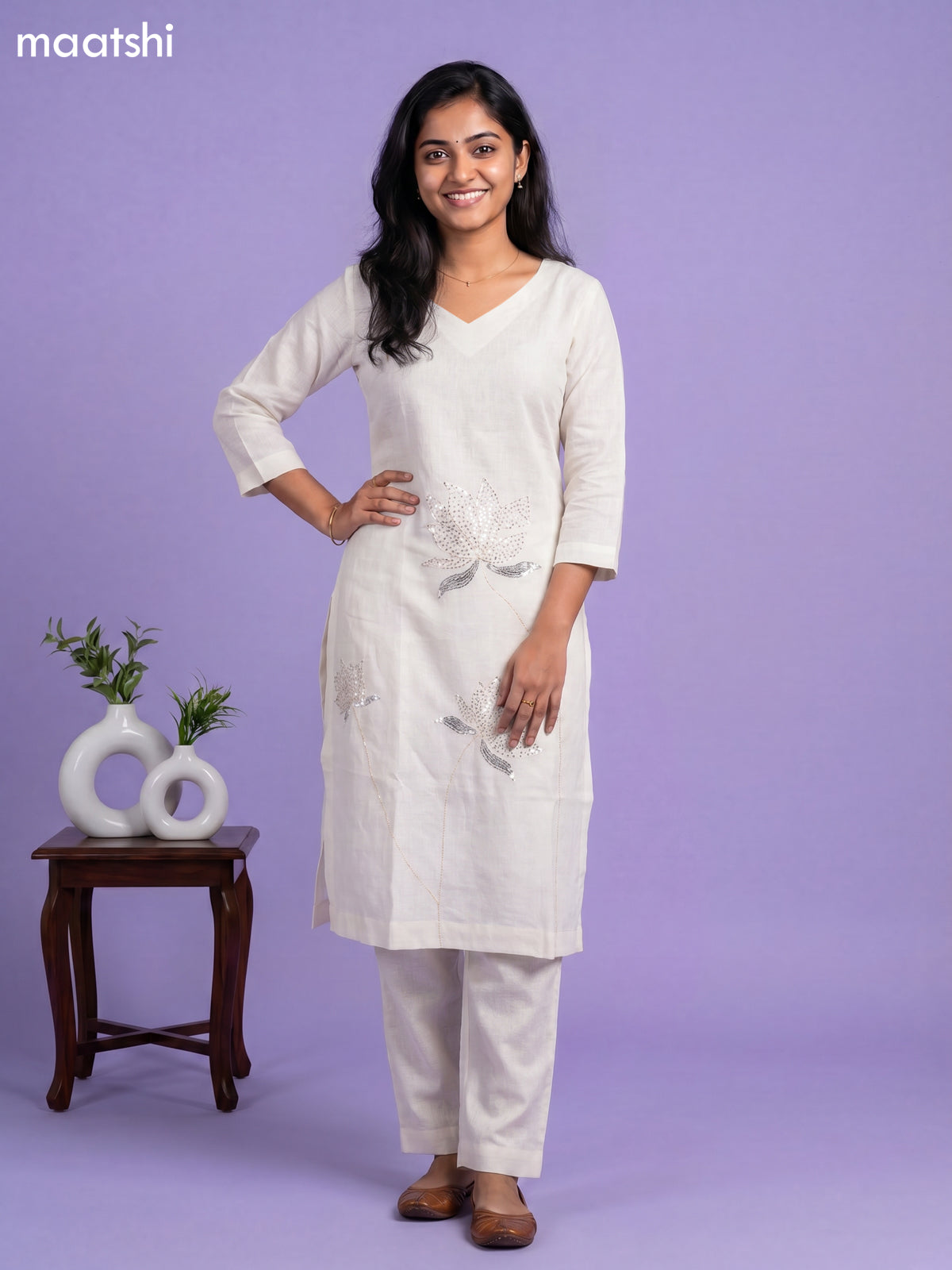 Off White Linen Cotton Floral Embroidery Work Kurti & Bottom Set