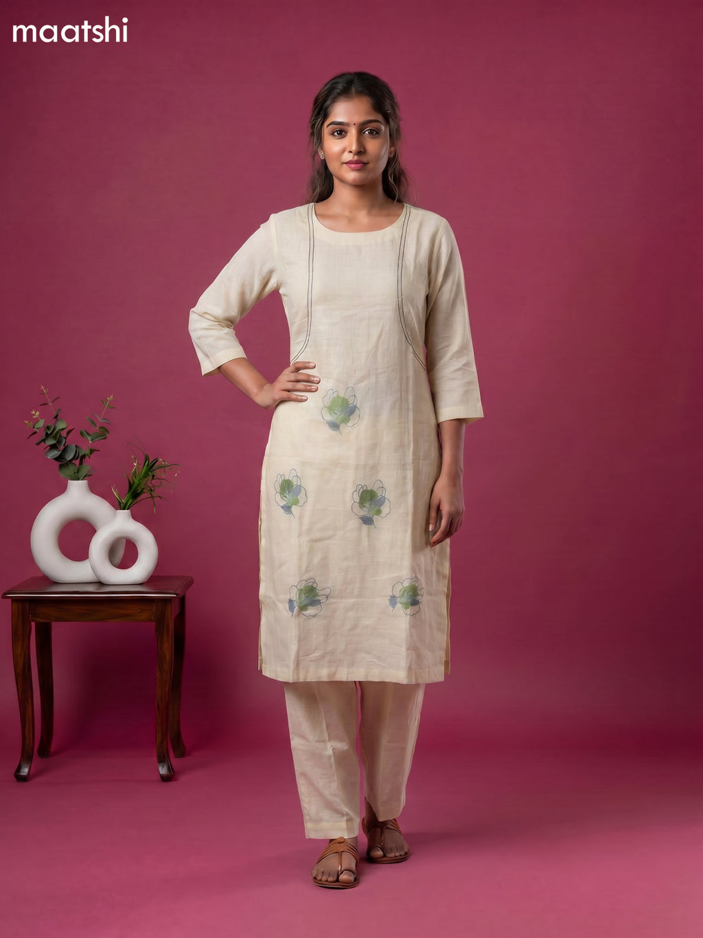 Cream Linen Cotton Floral Embroidery Work Kurti & Bottom Set