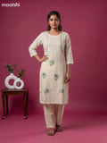 Cream Linen Cotton Floral Embroidery Work Kurti & Bottom Set