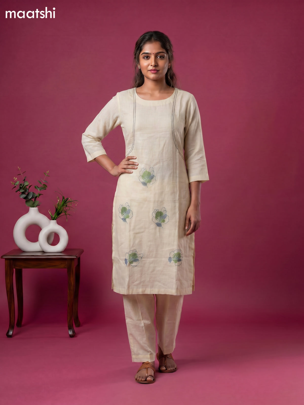 Cream Linen Cotton Floral Embroidery Work Kurti & Bottom Set