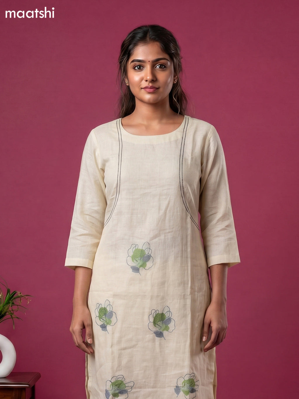 Cream Linen Cotton Floral Embroidery Work Kurti & Bottom Set