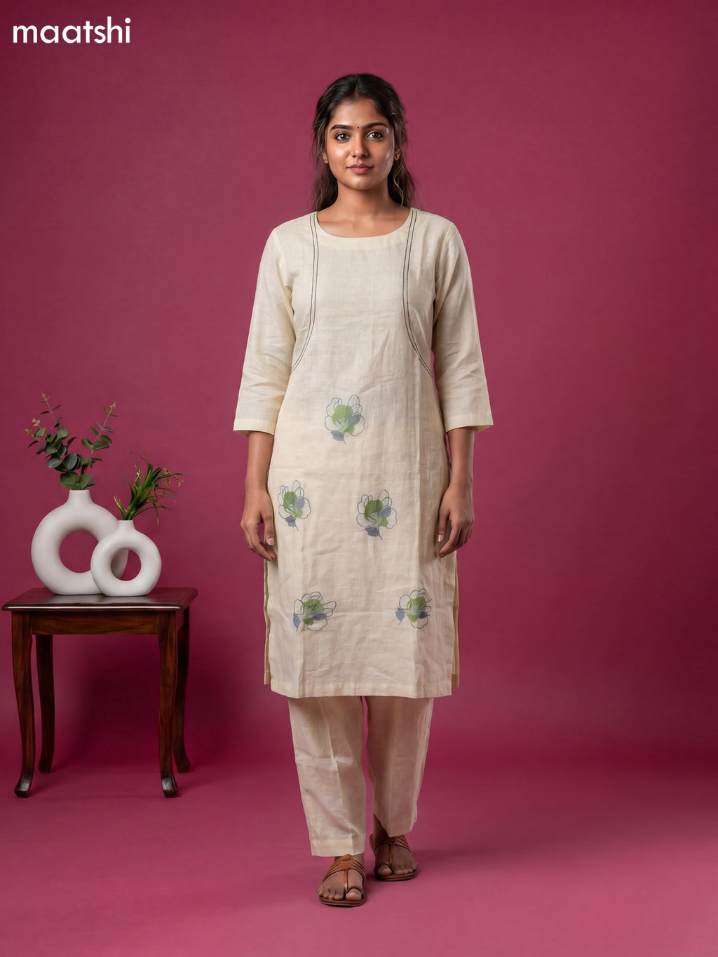 Cream Linen Cotton Floral Embroidery Work Kurti & Bottom Set