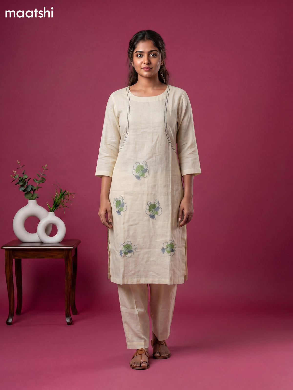 Cream Linen Cotton Floral Embroidery Work Kurti & Bottom Set