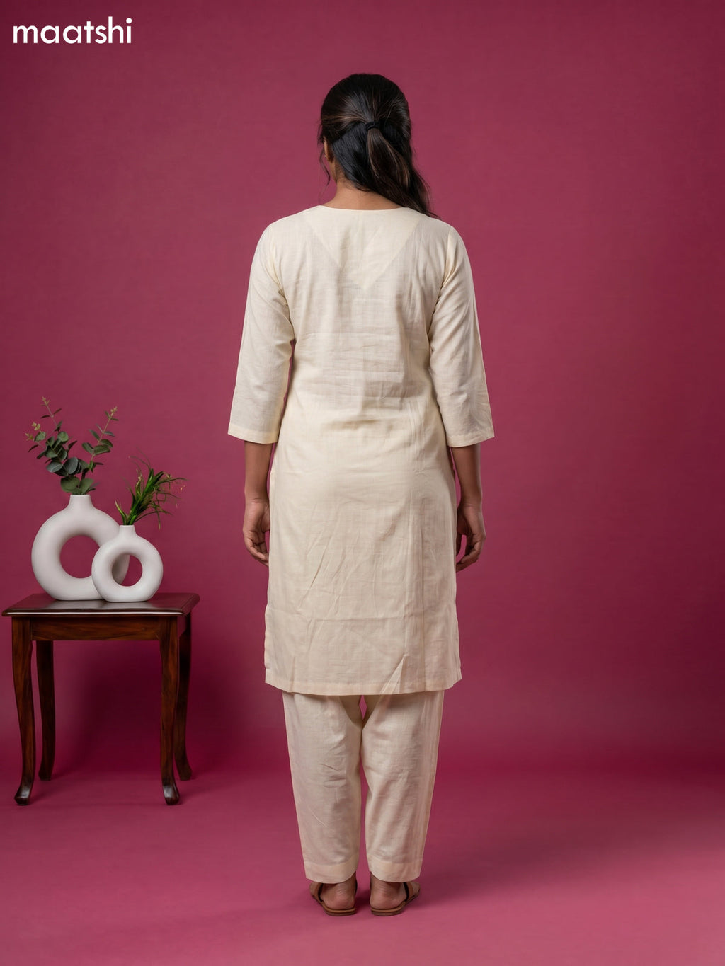 Cream Linen Cotton Floral Embroidery Work Kurti & Bottom Set
