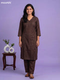 Brown Linen Cotton Floral Embroidery Work Kurti & Bottom Set