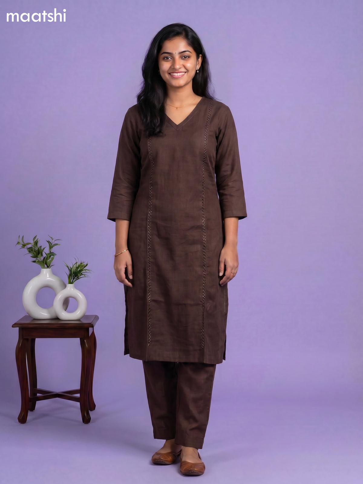 Brown Linen Cotton Floral Embroidery Work Kurti & Bottom Set