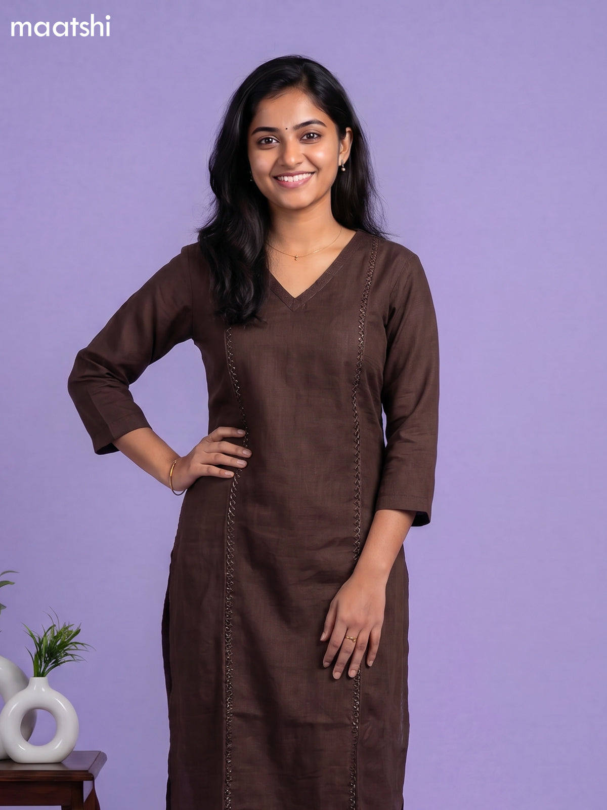 Brown Linen Cotton Floral Embroidery Work Kurti & Bottom Set