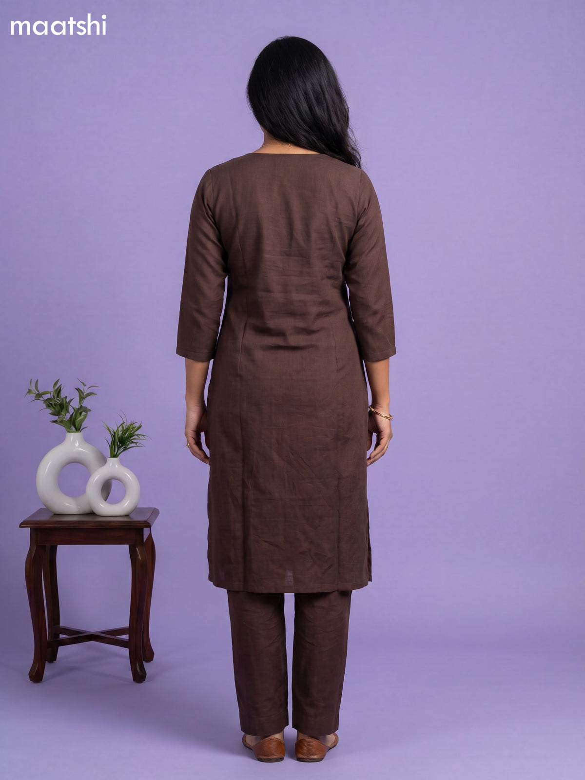 Brown Linen Cotton Floral Embroidery Work Kurti & Bottom Set