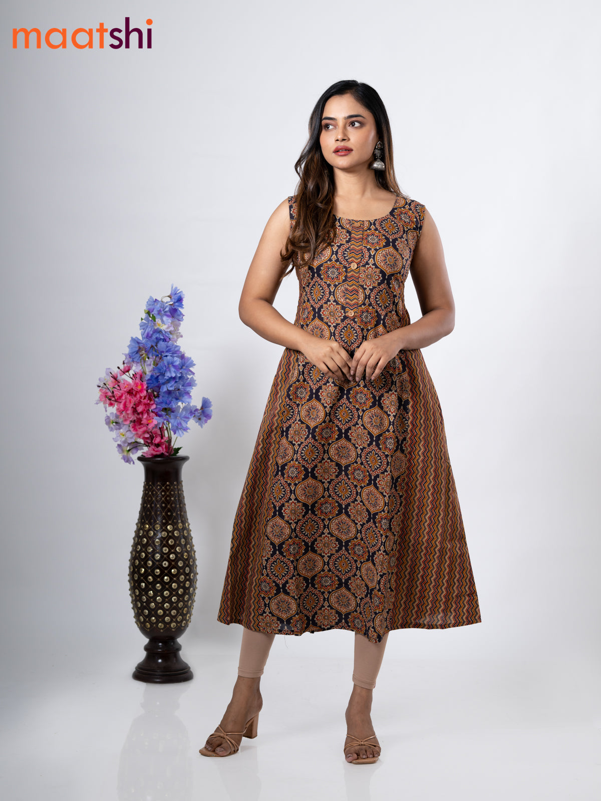 Cotton anarkali kurti deep jamun with allover ajrakh prints without pant - sleeve attached