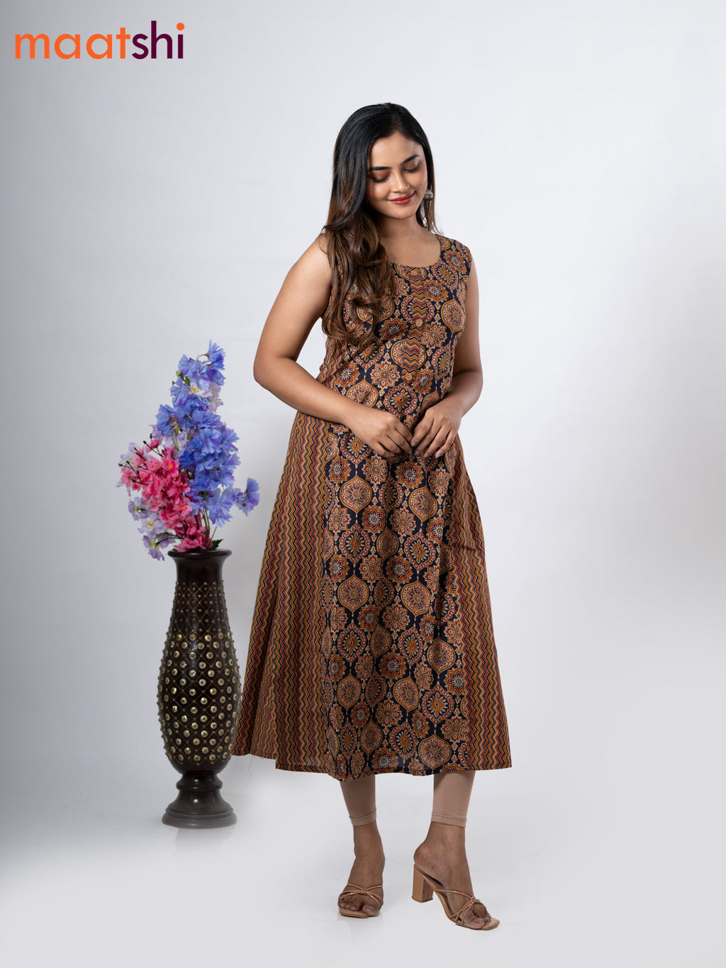 Cotton anarkali kurti deep jamun with allover ajrakh prints without pant - sleeve attached