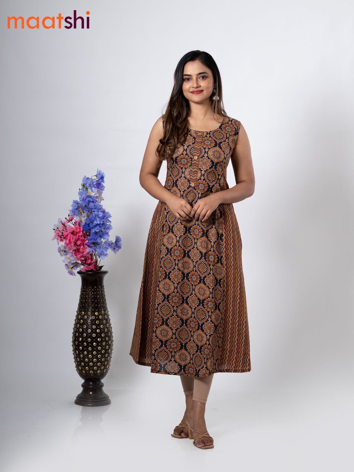 Cotton anarkali kurti deep jamun with allover ajrakh prints without pant - sleeve attached