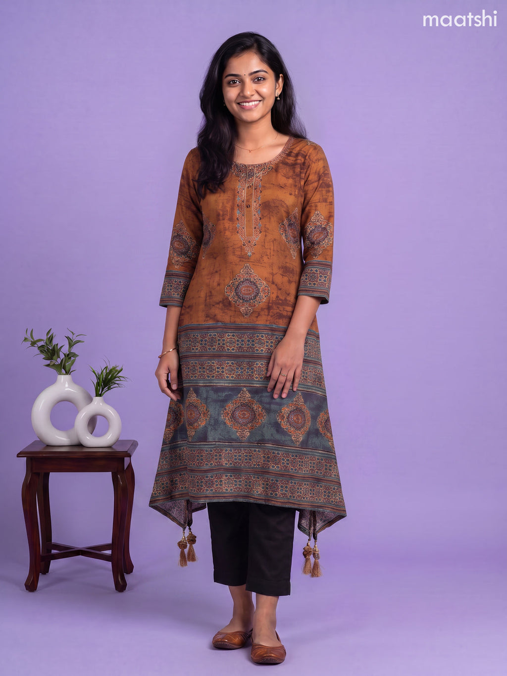 Dark Mustard Muslin Printed & Embroidery Work Straight Kurti