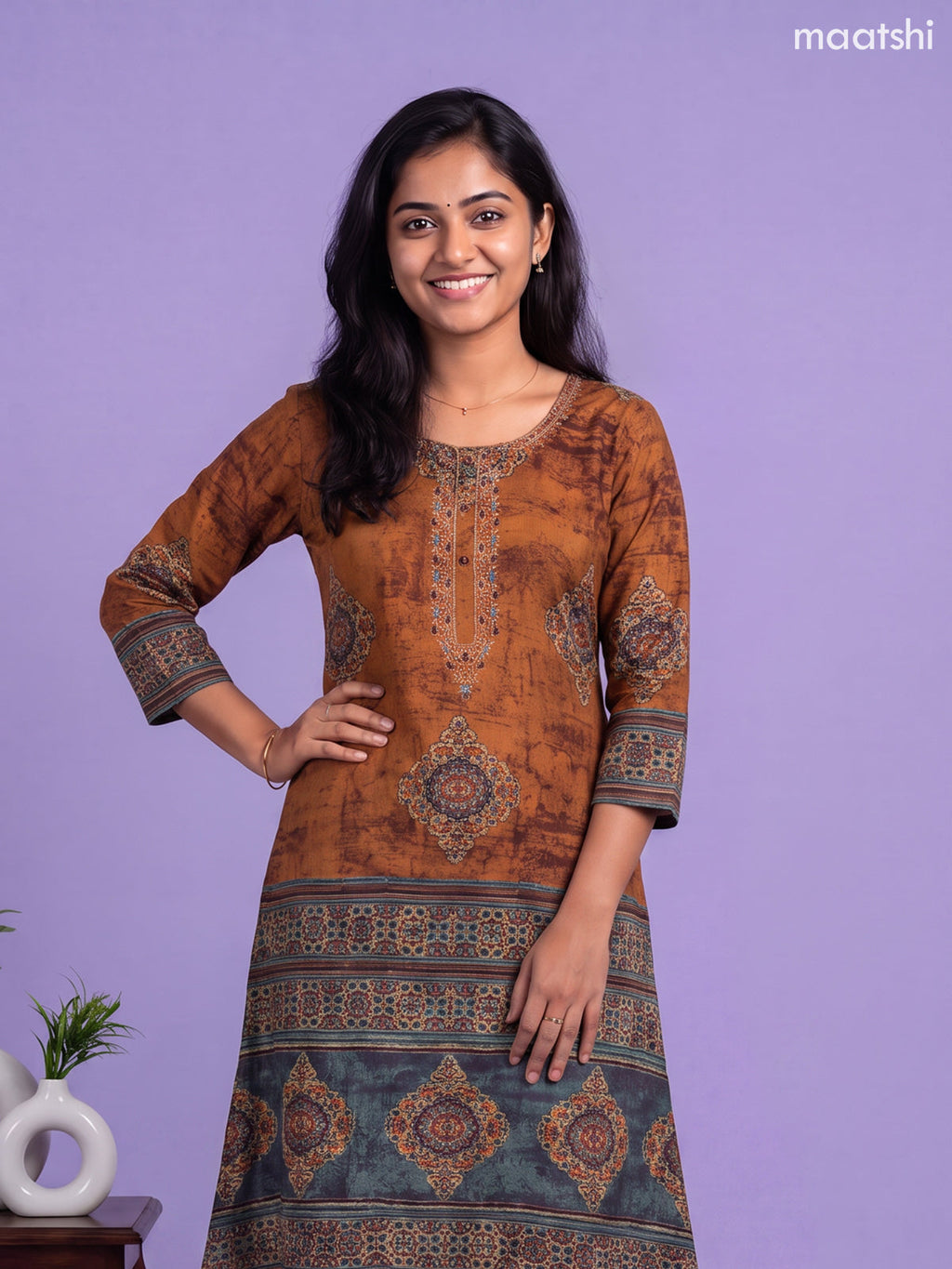 Dark Mustard Muslin Printed & Embroidery Work Straight Kurti