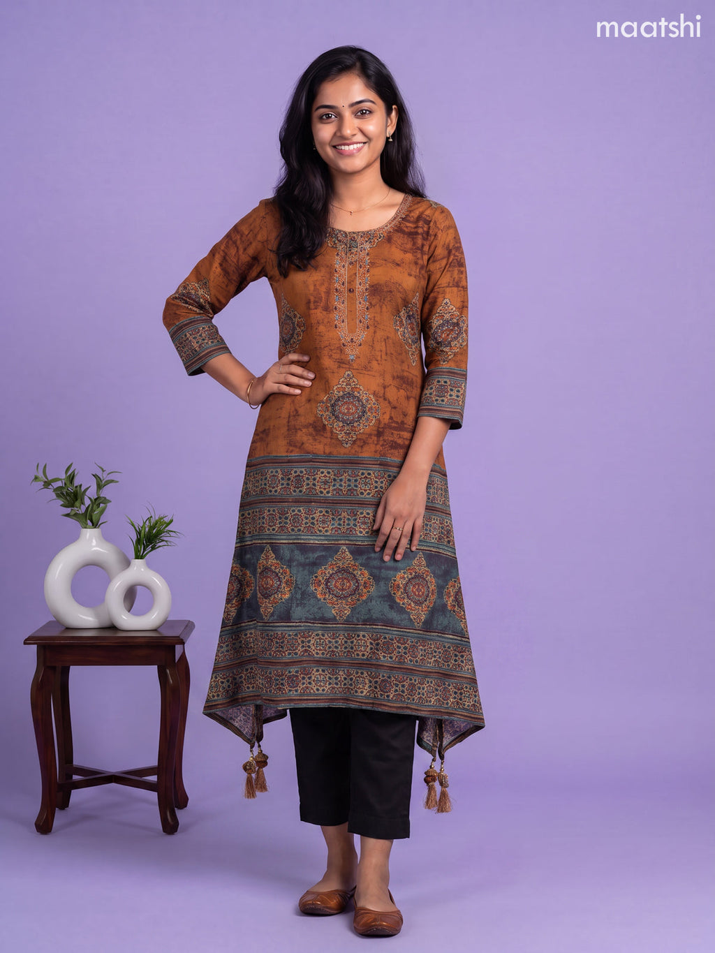 Dark Mustard Muslin Printed & Embroidery Work Straight Kurti