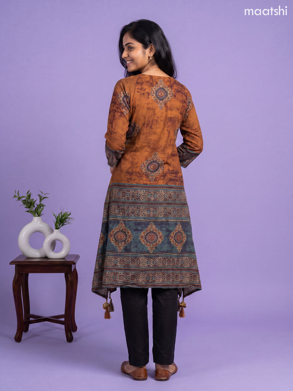 Dark Mustard Muslin Printed & Embroidery Work Straight Kurti