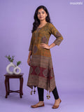 Mustard Yellow and Green Muslin Printed & Embroidery Work Straight Kurti