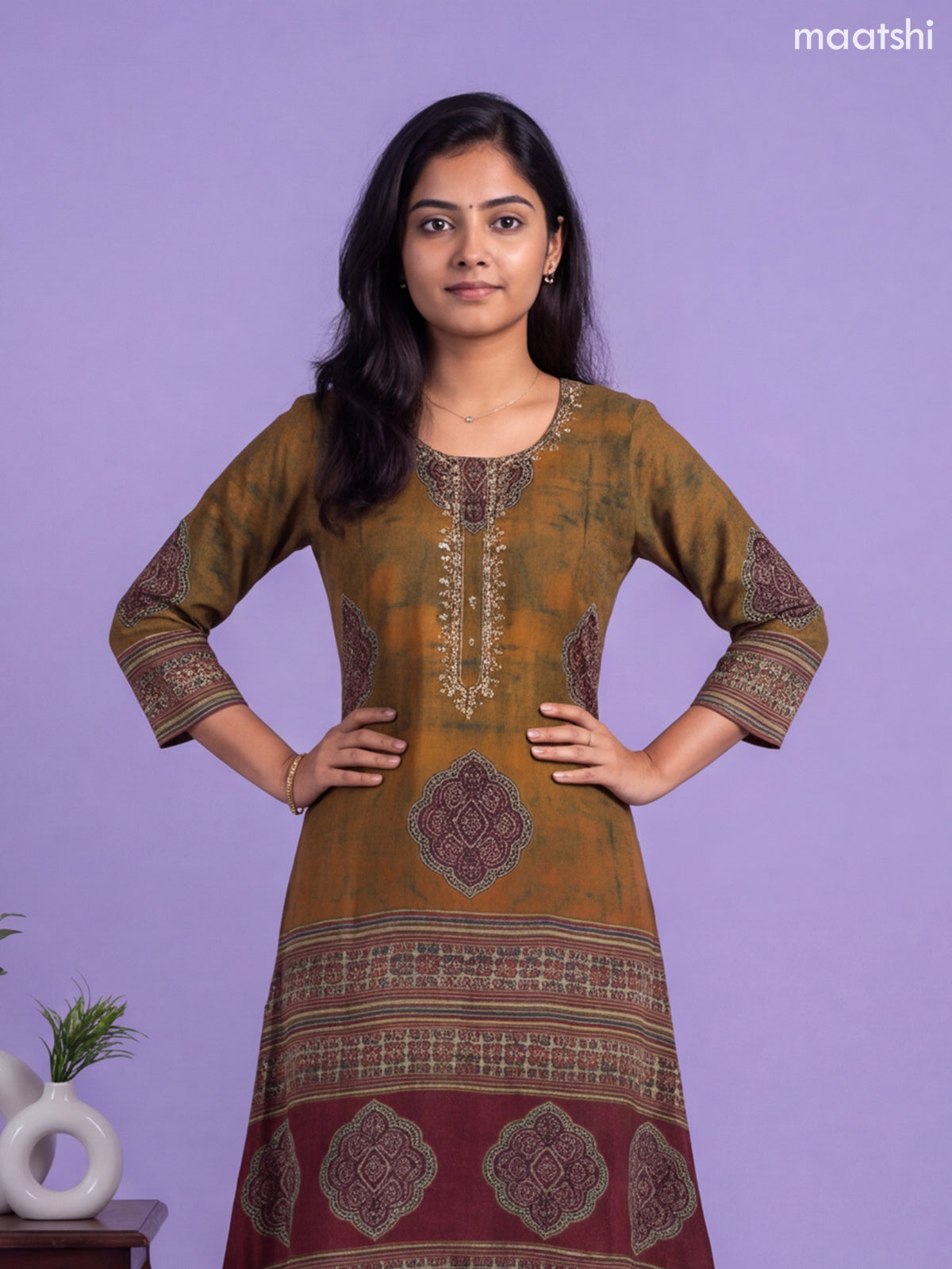 Mustard Yellow and Green Muslin Printed & Embroidery Work Straight Kurti