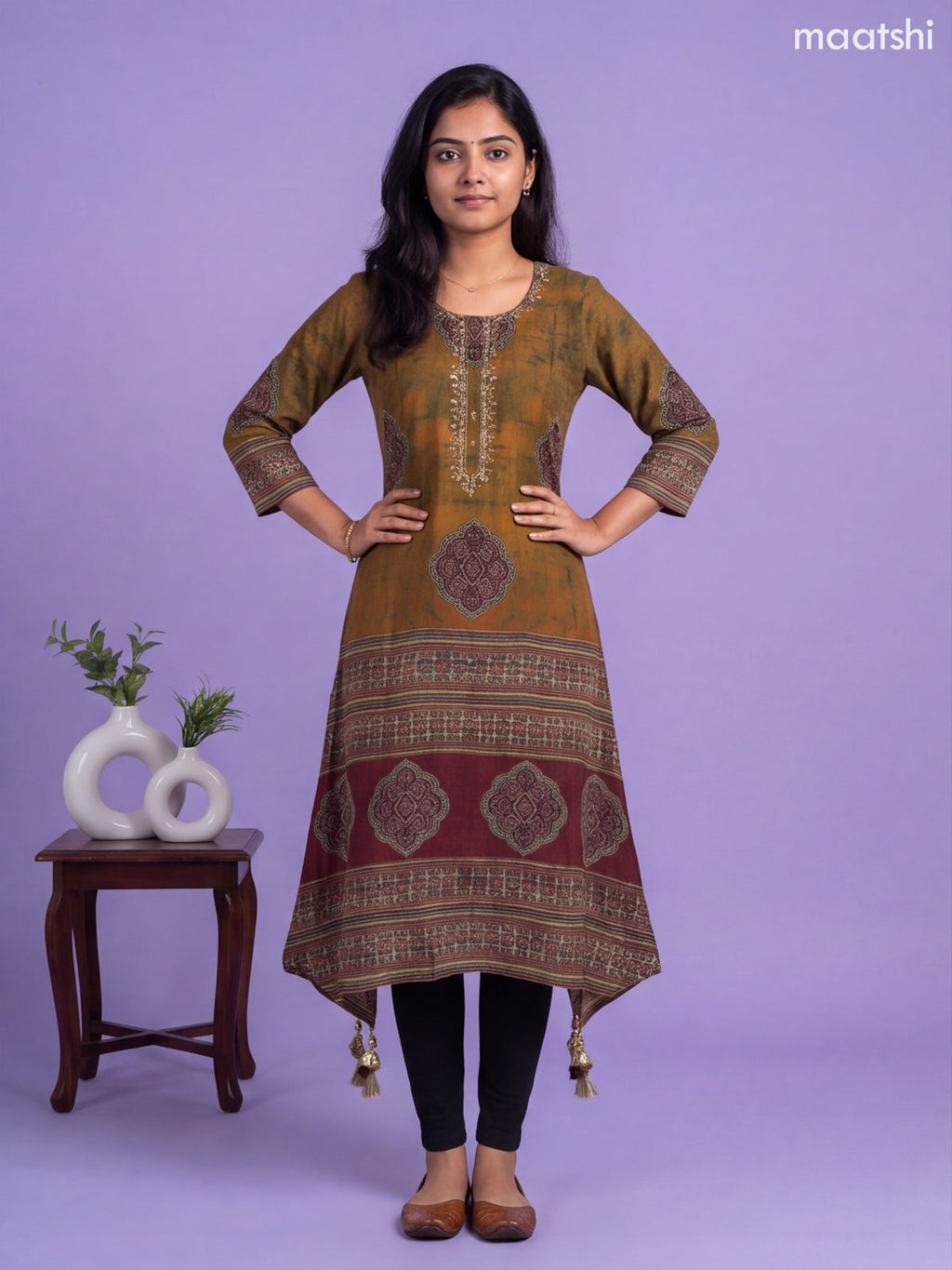 Mustard Yellow and Green Muslin Printed & Embroidery Work Straight Kurti
